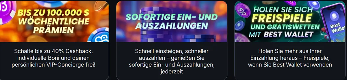 Banner mit Casino-Vorteilen: wöchentliche Prämien bis zu $100.000, sofortige Ein- und Auszahlungen sowie Freispiele und Gratiswetten mit Best Wallet. Die Grafiken zeigen Chips, Karten und ein Smartphone. Promotion für schnelle Transaktionen und zusätzliche Bonusvorteile.
