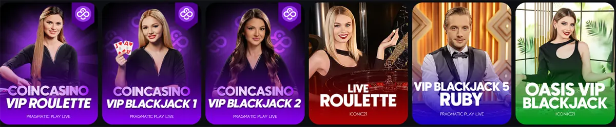 Selection of CoinCasino live dealer tables, including VIP Roulette, VIP Blackjack, Live Roulette, Ruby Blackjack, and Oasis VIP Blackjack. Professional male and female dealers are shown at casino tables. Promotional banner showcasing premium live casino games.